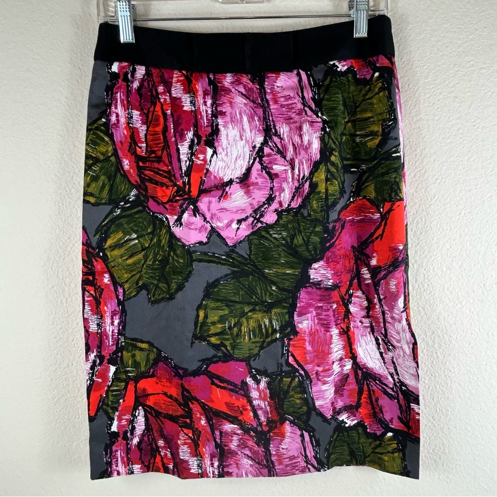 Trina Turk Silk Blend Rose Print Pencil Skirt with Lace Slip, Sz 4